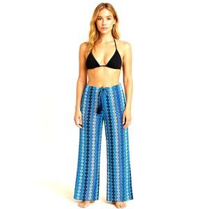 Becca Lacey Beach Cover Pants Size M Blue Tone Draw Waist Leg Slits Sexy Pool